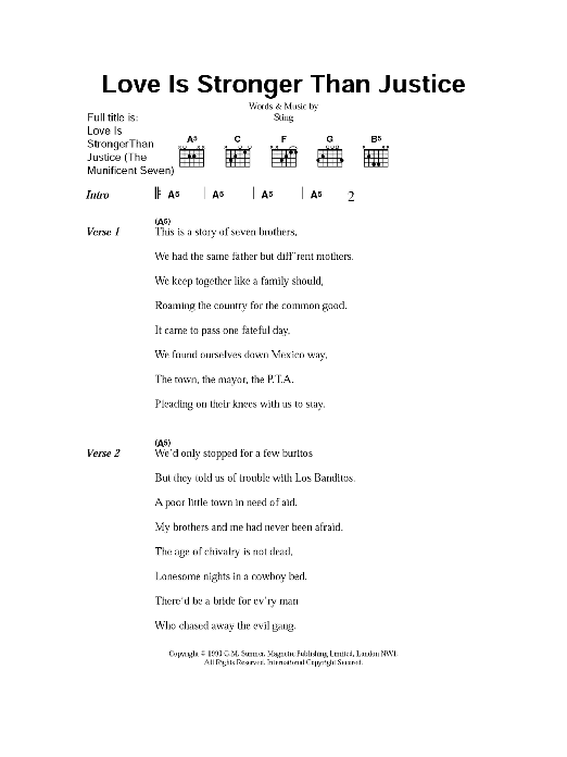 Sting Love Is Stronger Than Justice (The Munificent Seven) Sheet Music Notes & Chords for Lyrics & Chords - Download or Print PDF