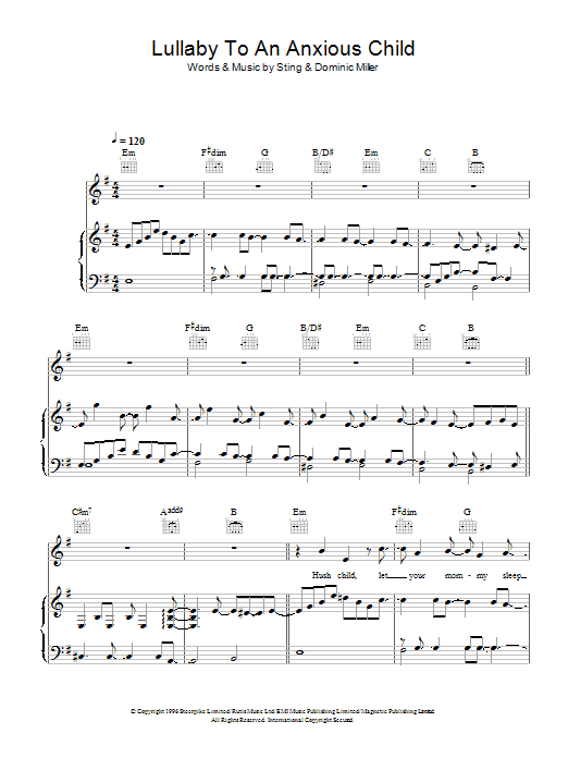 Sting Lullaby For An Anxious Child Sheet Music Notes & Chords for Piano, Vocal & Guitar - Download or Print PDF