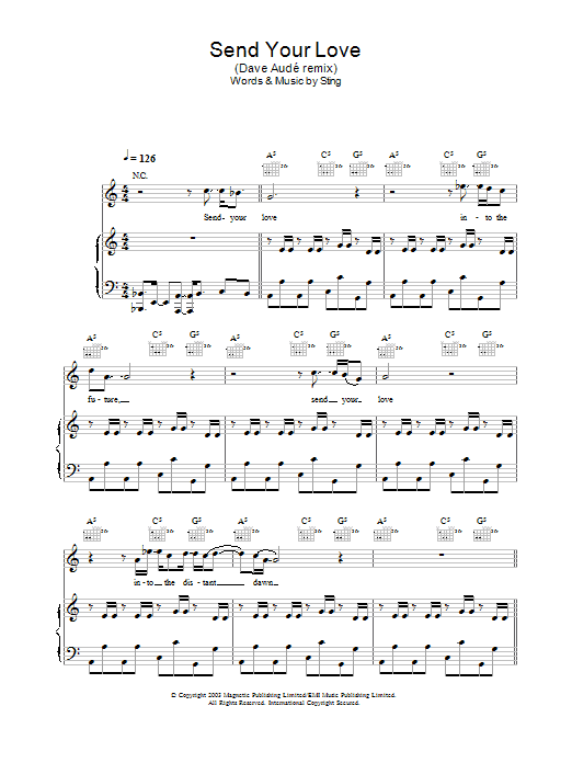 Sting Send Your Love (Dave Aud?? remix) Sheet Music Notes & Chords for Piano, Vocal & Guitar - Download or Print PDF