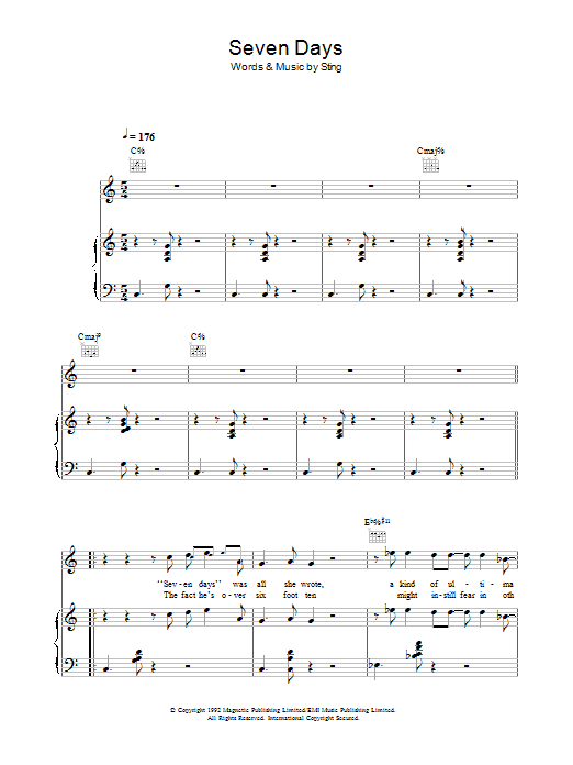 Sting Seven Days Sheet Music Notes & Chords for Lyrics & Chords - Download or Print PDF