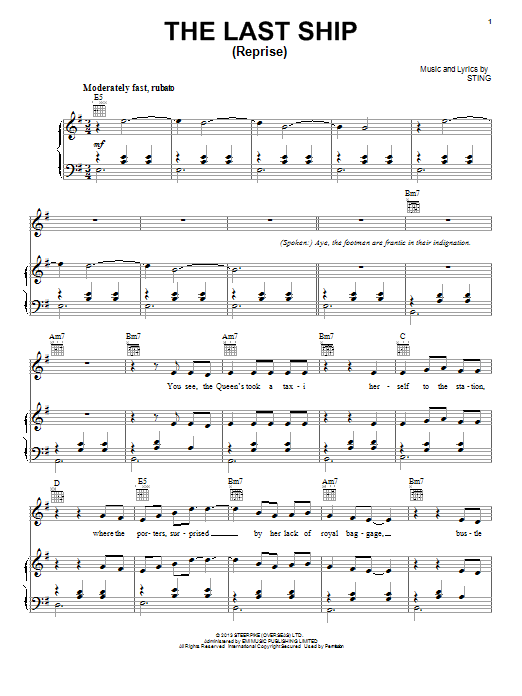 Sting The Last Ship (Reprise) Sheet Music Notes & Chords for Piano, Vocal & Guitar (Right-Hand Melody) - Download or Print PDF Sting The Last Ship (Reprise) Sheet Music Notes & Chords for Piano, Vocal & Guitar (Right-Hand Melody) - Download or Print PDF