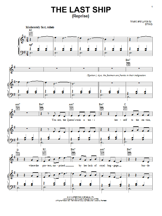 Sting The Last Ship (Reprise) Sheet Music Notes & Chords for Piano, Vocal & Guitar (Right-Hand Melody) - Download or Print PDF