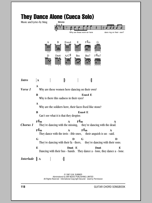 Sting They Dance Alone (Cueca Solo) Sheet Music Notes & Chords for Piano, Vocal & Guitar (Right-Hand Melody) - Download or Print PDF