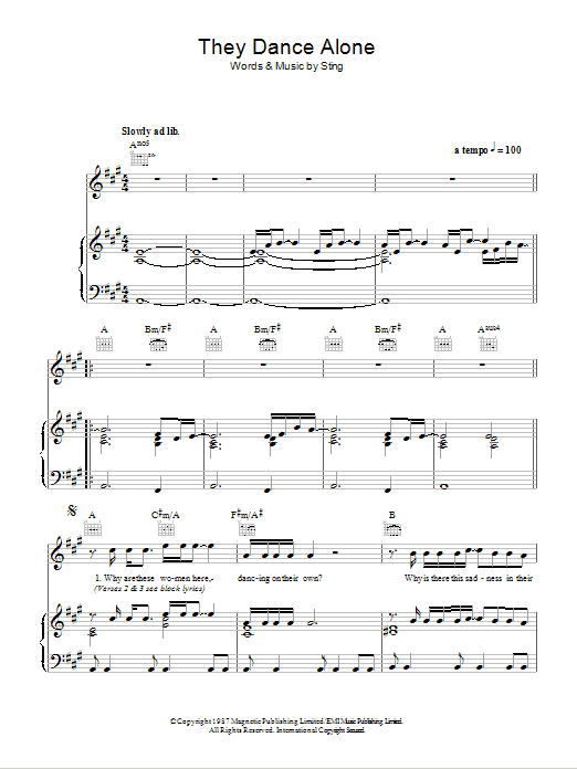 Sting They Dance Alone (Gueca Solo) Sheet Music Notes & Chords for Piano, Vocal & Guitar (Right-Hand Melody) - Download or Print PDF