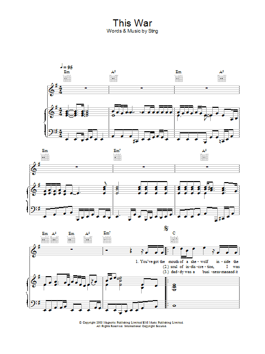 Sting This War Sheet Music Notes & Chords for Piano, Vocal & Guitar - Download or Print PDF