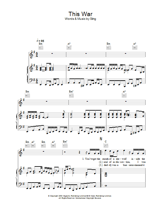 Sting This War Sheet Music Notes & Chords for Melody Line, Lyrics & Chords - Download or Print PDF