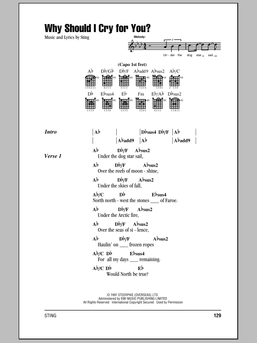 Sting Why Should I Cry For You? Sheet Music Notes & Chords for Piano, Vocal & Guitar (Right-Hand Melody) - Download or Print PDF