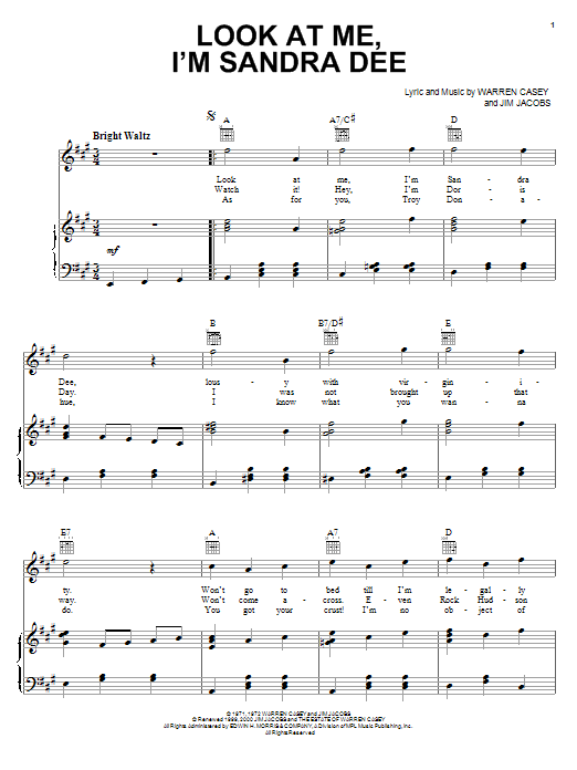 Stockard Channing Look At Me, I'm Sandra Dee (from Grease) Sheet Music Notes & Chords for Piano, Vocal & Guitar (Right-Hand Melody) - Download or Print PDF Stockard Channing Look At Me, I'm Sandra Dee (from Grease) Sheet Music Notes & Chords for Piano, Vocal & Guitar (Right-Hand Melody) - Download or Print PDF