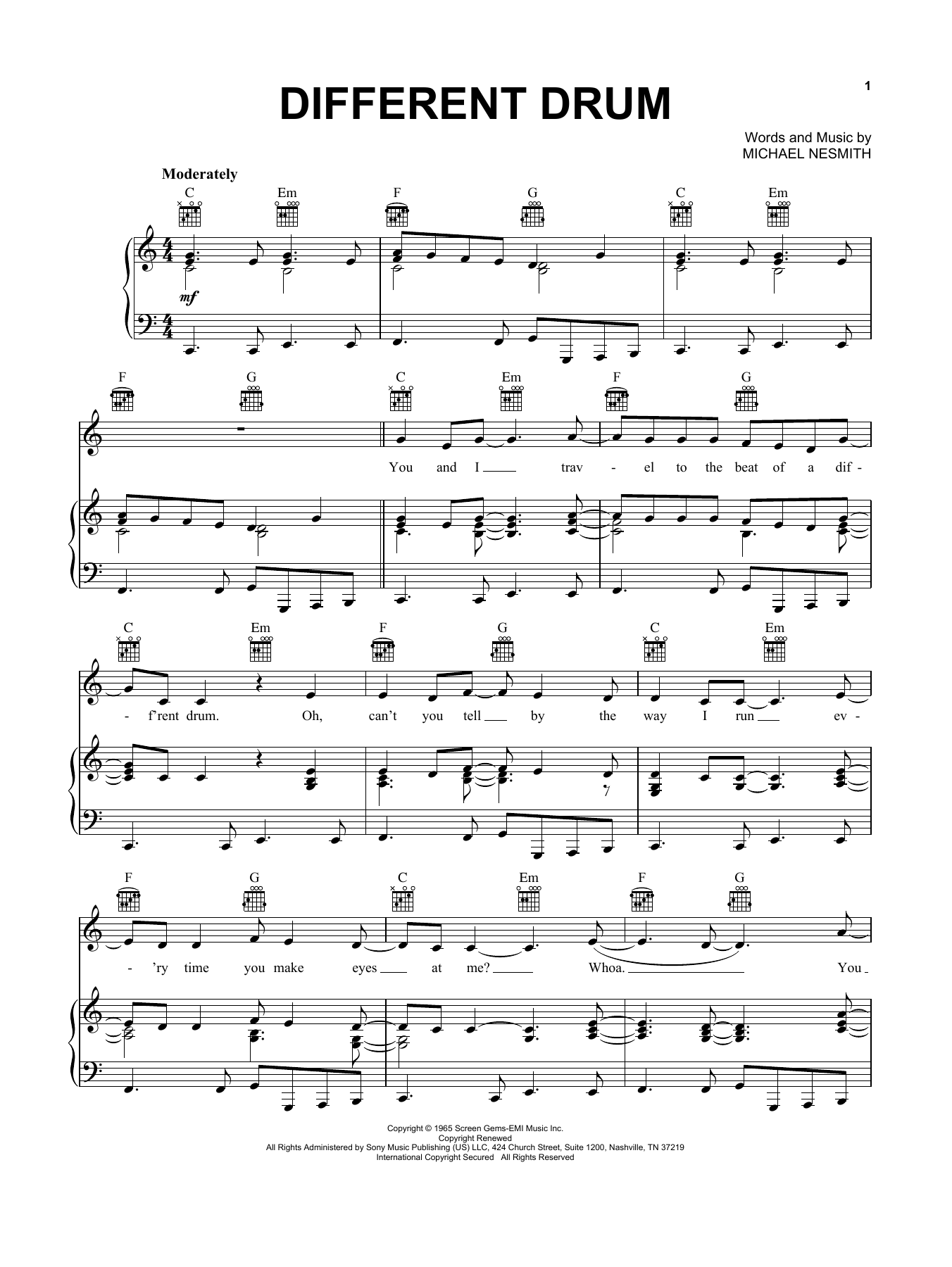 Stone Poneys and Linda Ronstadt Different Drum Sheet Music Notes & Chords for Piano, Vocal & Guitar Chords (Right-Hand Melody) - Download or Print PDF