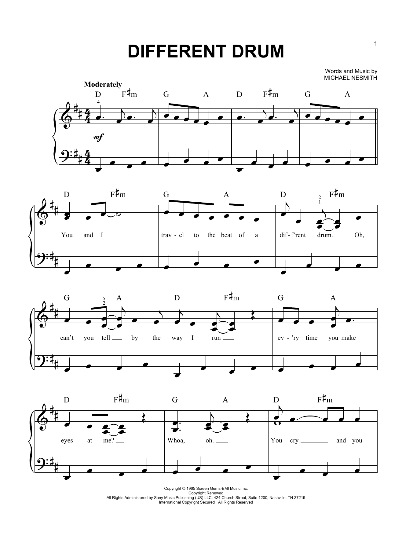 Stone Poneys Different Drum (feat. Linda Rondstadt) Sheet Music Notes & Chords for Easy Piano - Download or Print PDF
