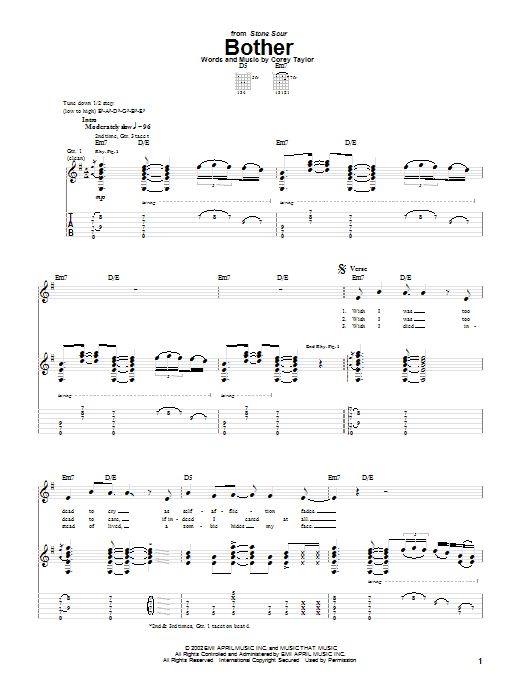 Stone Sour Bother Sheet Music Notes & Chords for Guitar Tab - Download or Print PDF