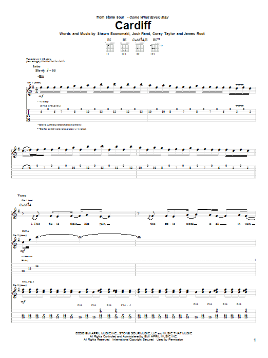 Stone Sour Cardiff Sheet Music Notes & Chords for Guitar Tab - Download or Print PDF