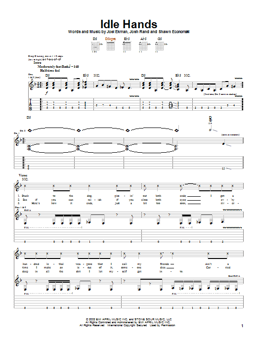 Stone Sour Idle Hands Sheet Music Notes & Chords for Guitar Tab - Download or Print PDF