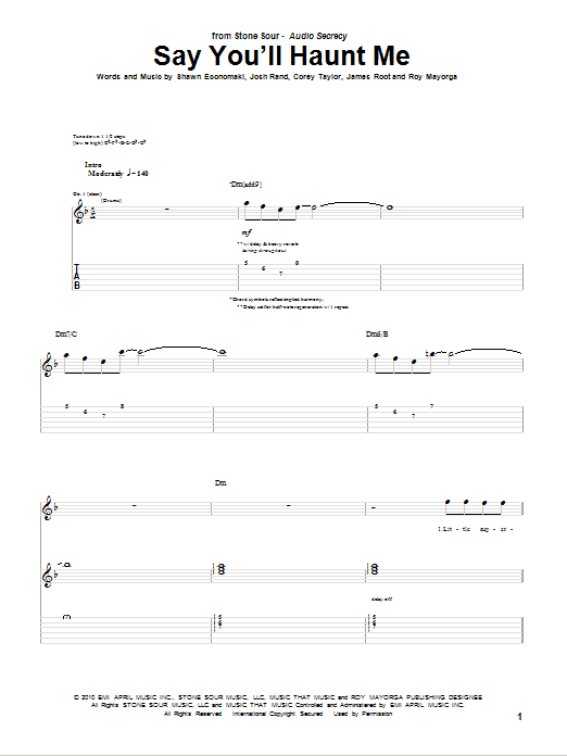 Stone Sour Say You'll Haunt Me Sheet Music Notes & Chords for Guitar Tab - Download or Print PDF