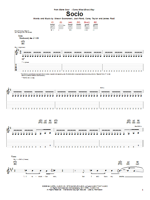 Stone Sour Socio Sheet Music Notes & Chords for Guitar Tab - Download or Print PDF