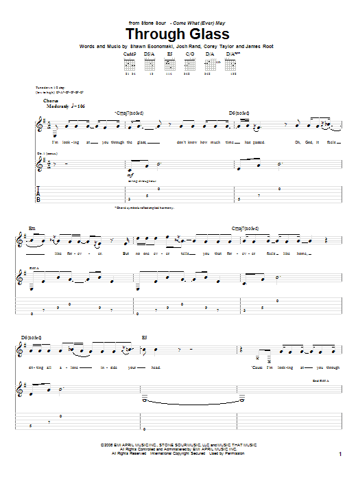 Stone Sour Through Glass Sheet Music Notes & Chords for Guitar Tab - Download or Print PDF