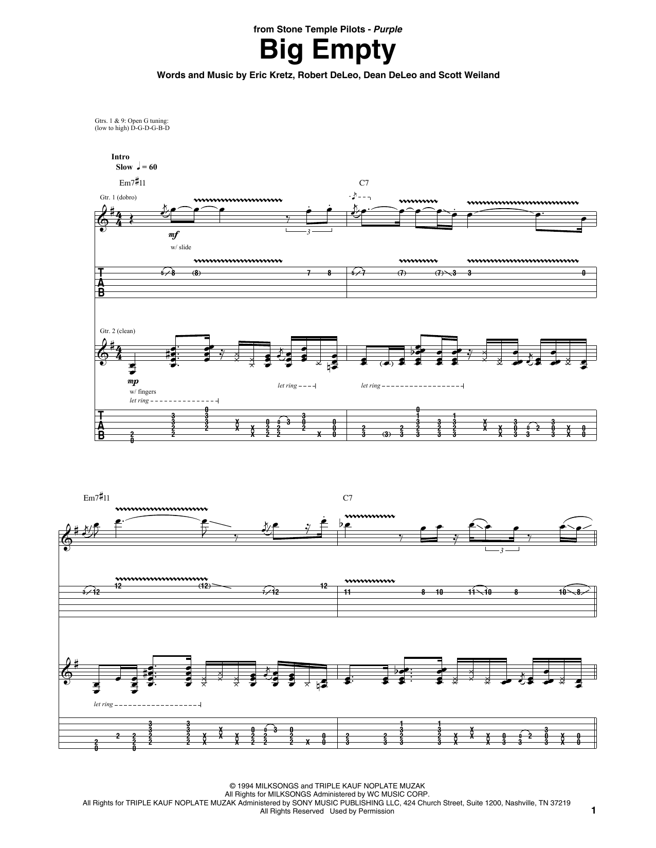 Stone Temple Pilots Big Empty Sheet Music Notes & Chords for Guitar Tab - Download or Print PDF