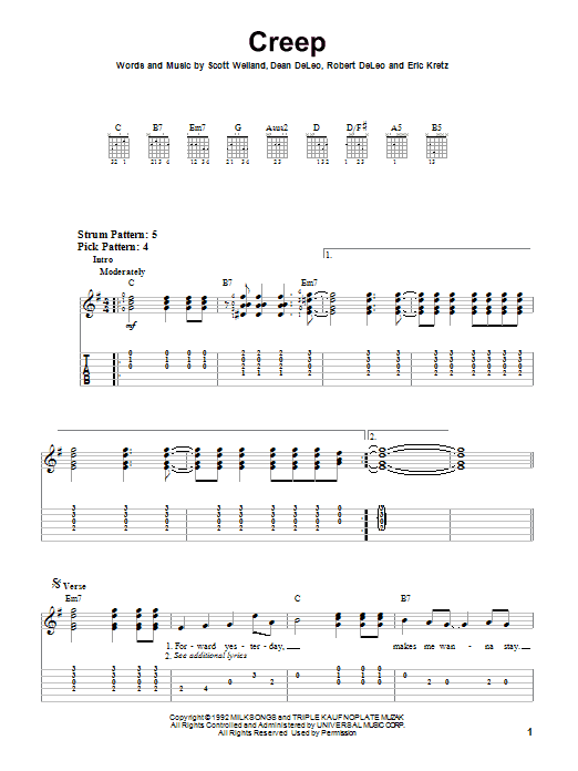 Stone Temple Pilots Creep Sheet Music Notes & Chords for Easy Guitar Tab - Download or Print PDF