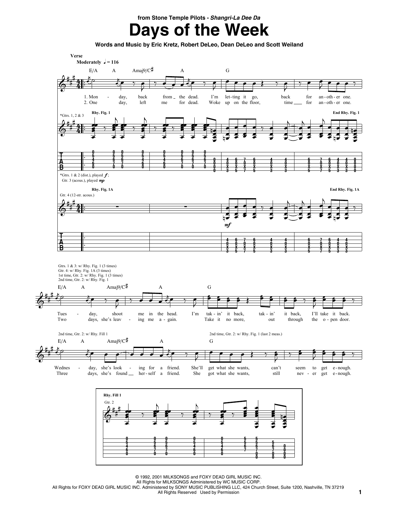 Stone Temple Pilots Days Of The Week Sheet Music Notes & Chords for Guitar Tab - Download or Print PDF