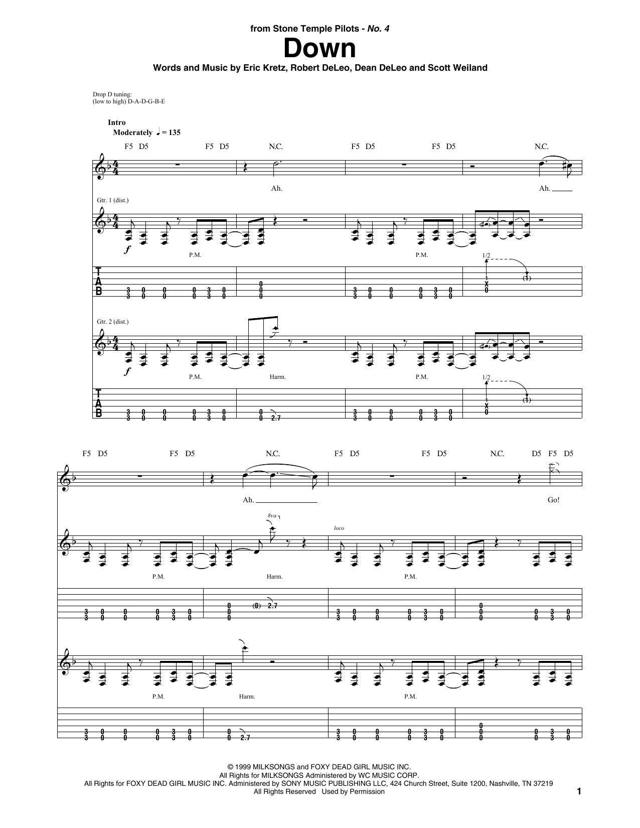 Stone Temple Pilots Down Sheet Music Notes & Chords for Guitar Tab - Download or Print PDF