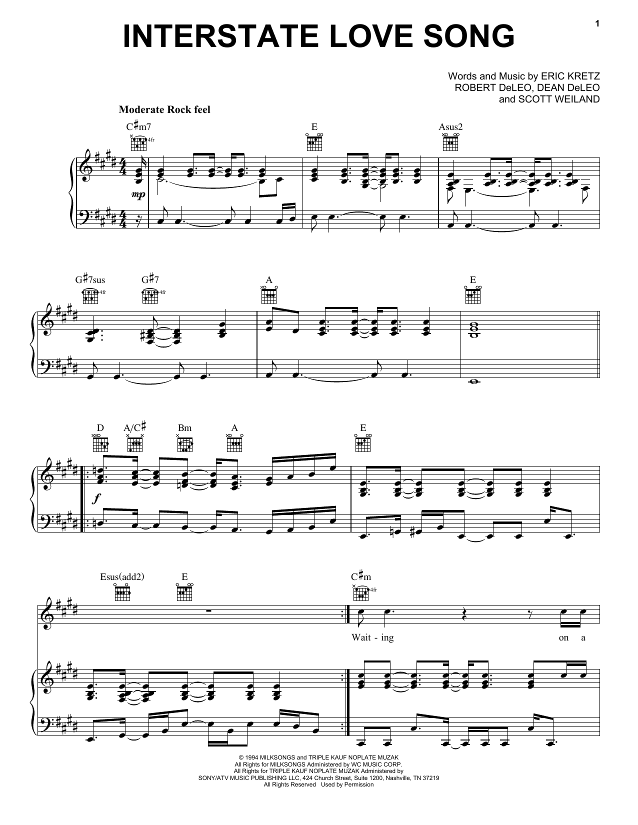 Stone Temple Pilots Interstate Love Song Sheet Music Notes & Chords for Piano, Vocal & Guitar (Right-Hand Melody) - Download or Print PDF