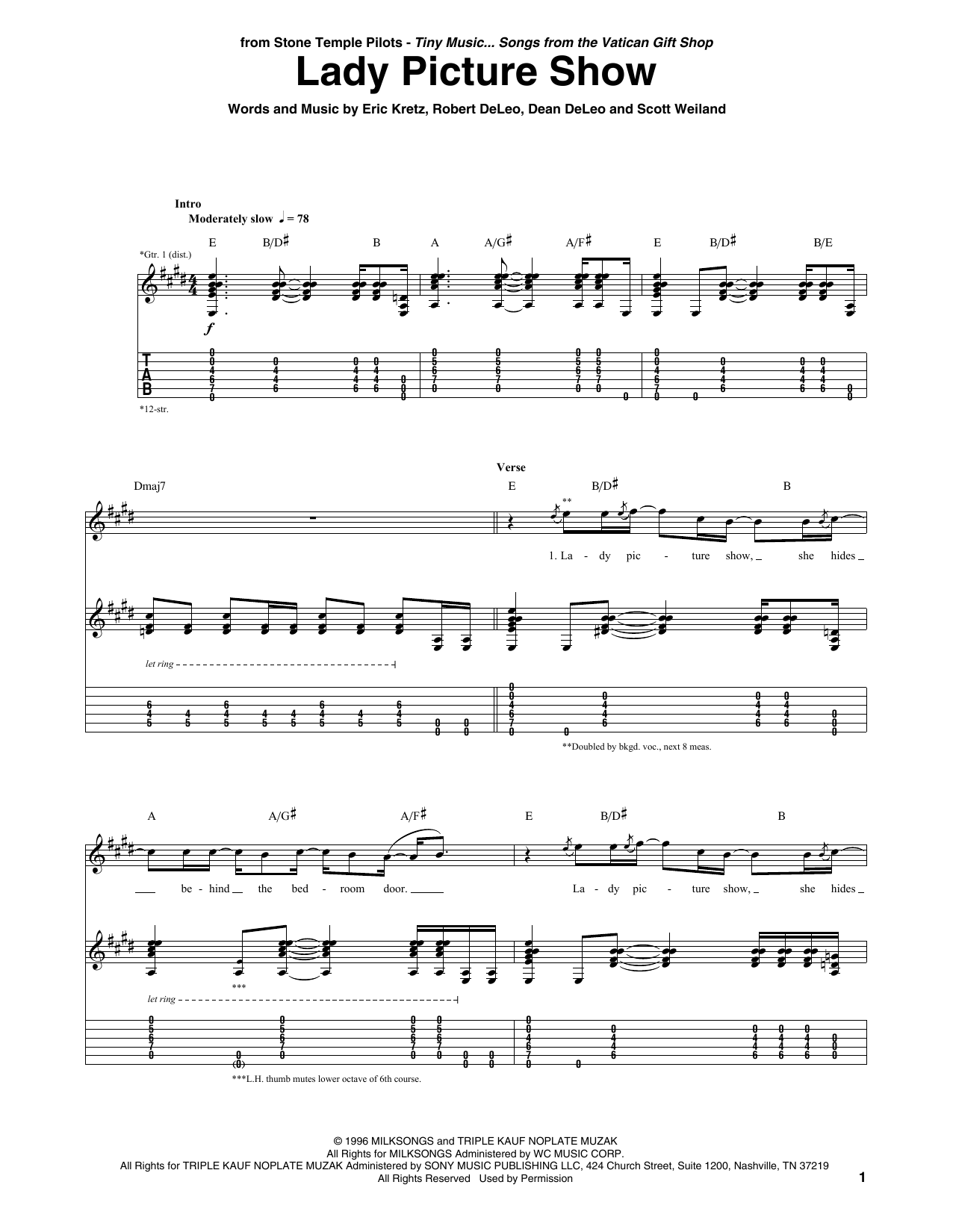 Stone Temple Pilots Lady Picture Show Sheet Music Notes & Chords for Guitar Tab - Download or Print PDF