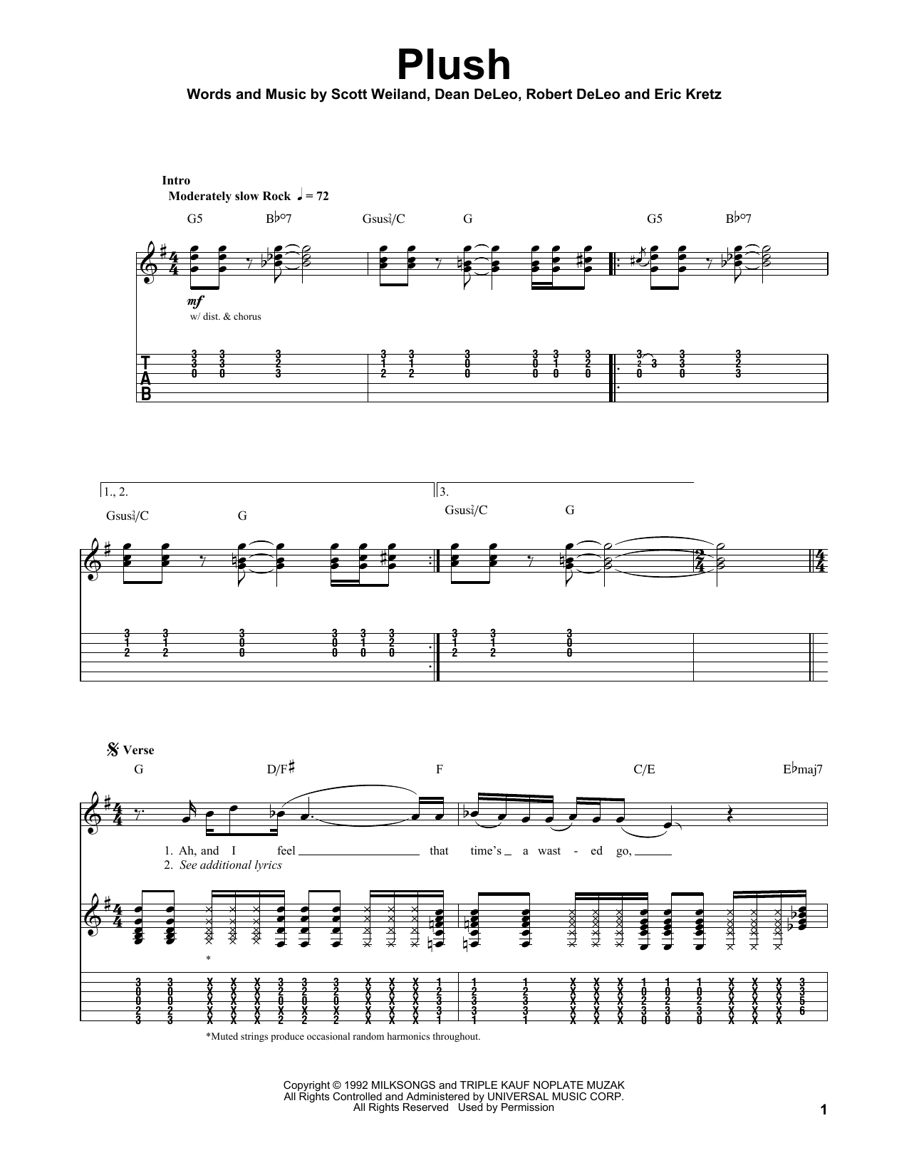 Stone Temple Pilots Plush Sheet Music Notes & Chords for Guitar Tab Play-Along - Download or Print PDF