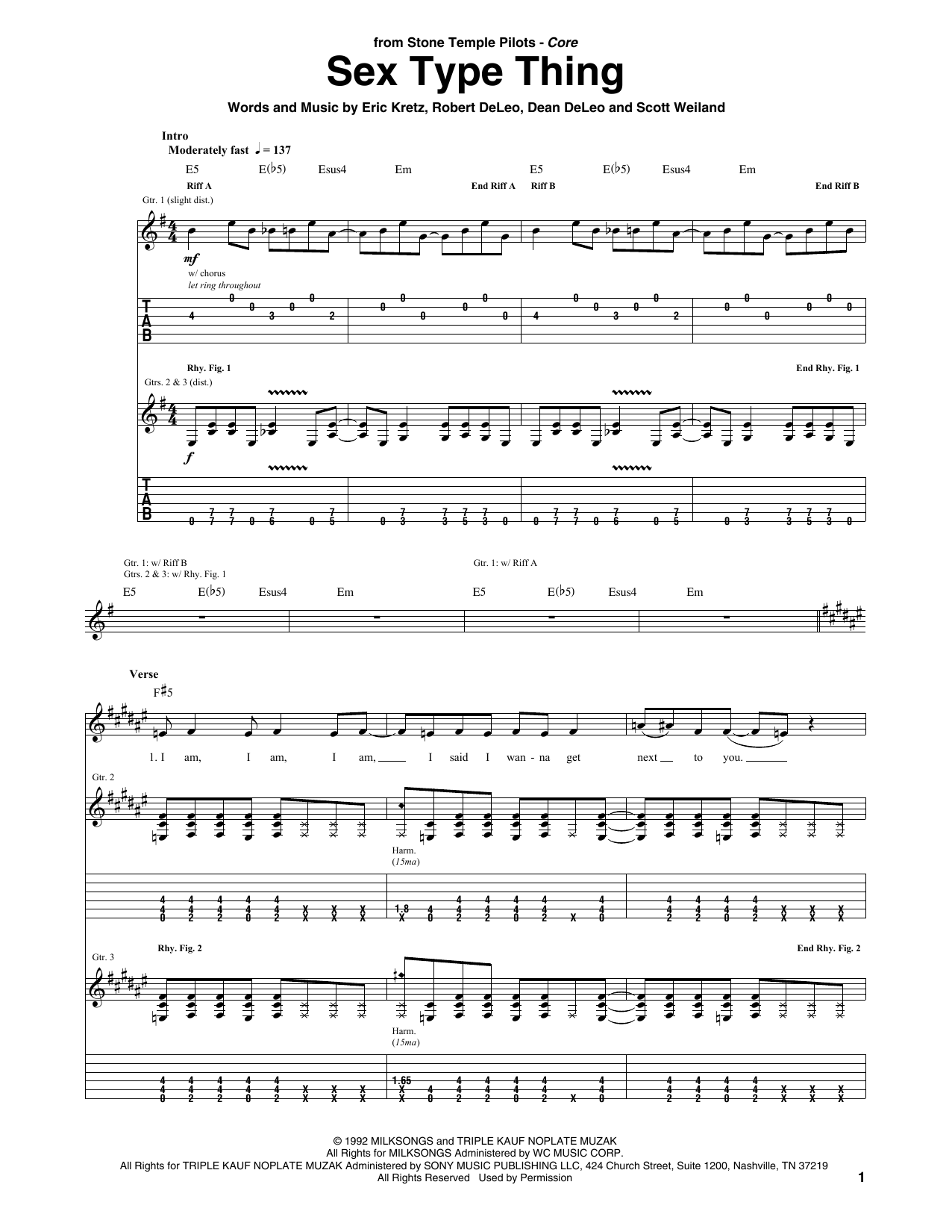 Stone Temple Pilots Sex Type Thing Sheet Music Notes & Chords for Guitar Tab - Download or Print PDF