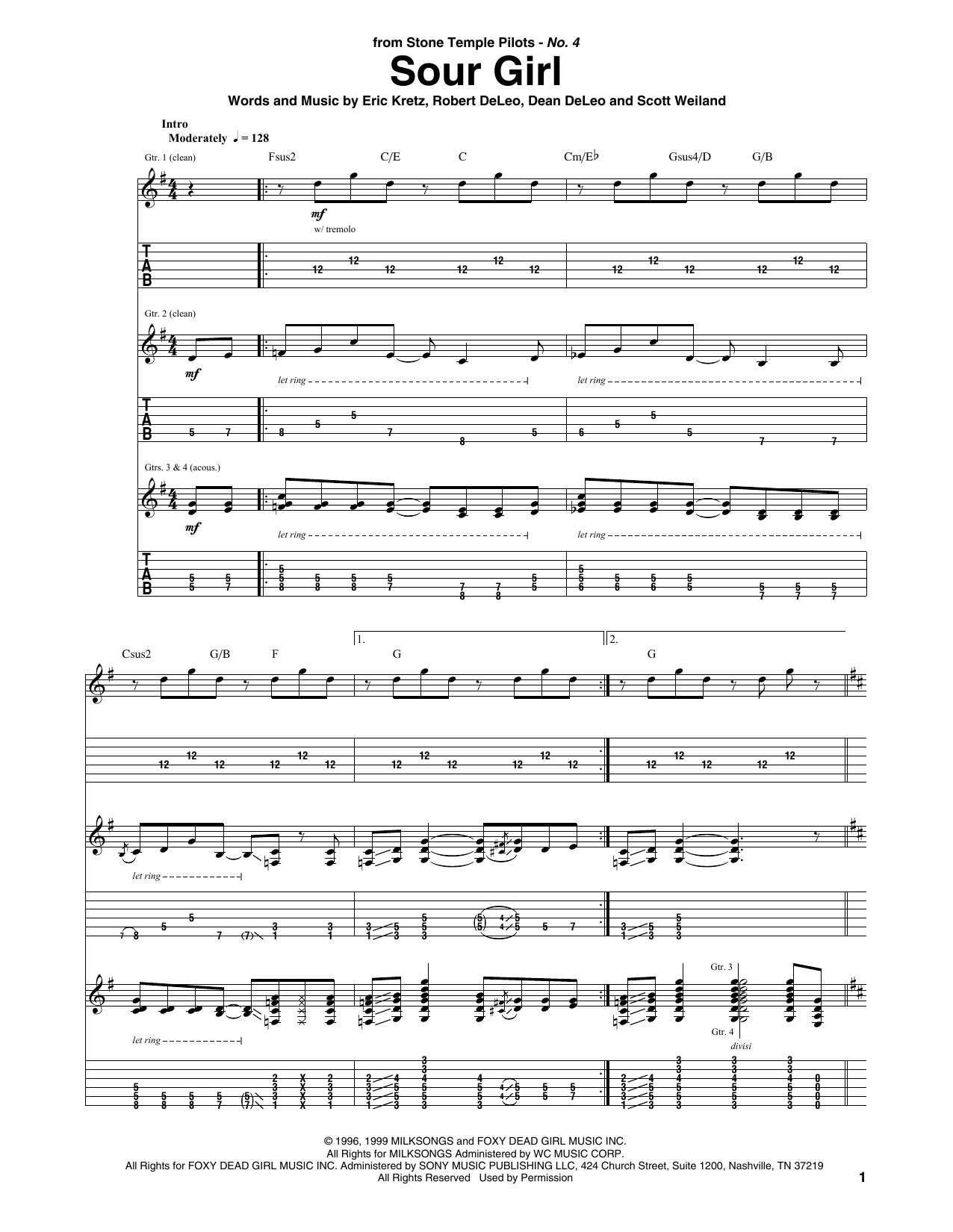 Stone Temple Pilots Sour Girl Sheet Music Notes & Chords for Guitar Tab - Download or Print PDF