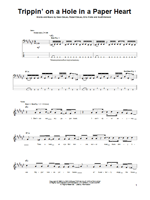 Stone Temple Pilots Trippin' On A Hole In A Paper Heart Sheet Music Notes & Chords for Guitar Tab - Download or Print PDF