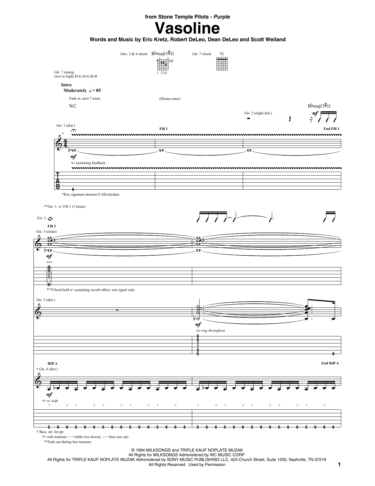 Stone Temple Pilots Vasoline Sheet Music Notes & Chords for Guitar Tab - Download or Print PDF