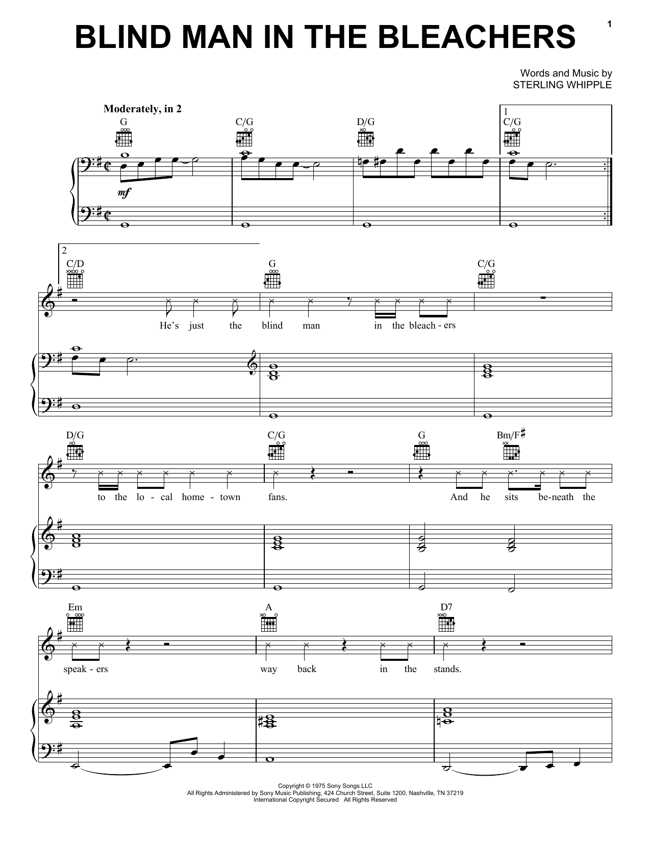 Stones River Ranch Boys Blind Man In The Bleachers Sheet Music Notes & Chords for Piano, Vocal & Guitar Chords (Right-Hand Melody) - Download or Print PDF