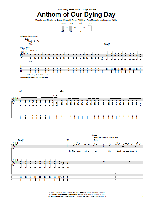 Story Of The Year Anthem Of Our Dying Day Sheet Music Notes & Chords for Guitar Tab - Download or Print PDF