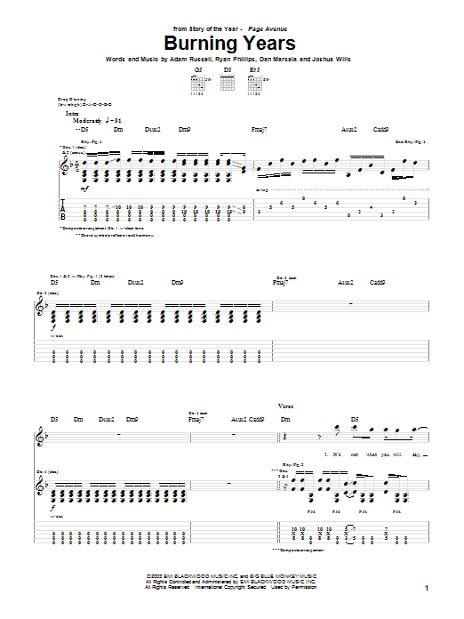 Story Of The Year Burning Years Sheet Music Notes & Chords for Guitar Tab - Download or Print PDF