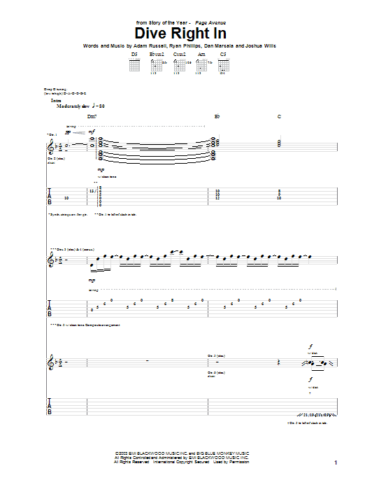 Story Of The Year Dive Right In Sheet Music Notes & Chords for Guitar Tab - Download or Print PDF