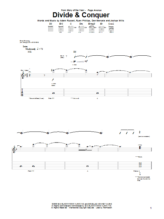 Story Of The Year Divide & Conquer Sheet Music Notes & Chords for Guitar Tab - Download or Print PDF