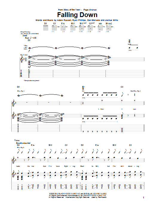 Story Of The Year Falling Down Sheet Music Notes & Chords for Guitar Tab - Download or Print PDF