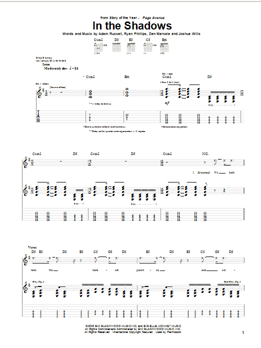 Story Of The Year In The Shadows Sheet Music Notes & Chords for Guitar Tab - Download or Print PDF