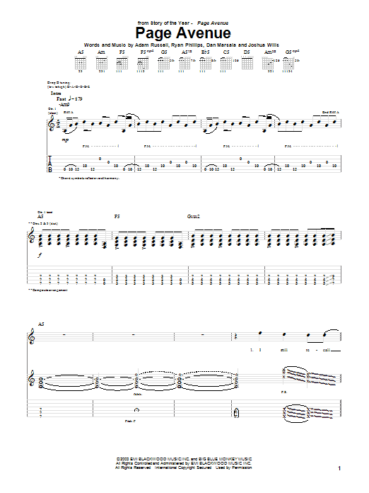 Story Of The Year Page Avenue Sheet Music Notes & Chords for Guitar Tab - Download or Print PDF