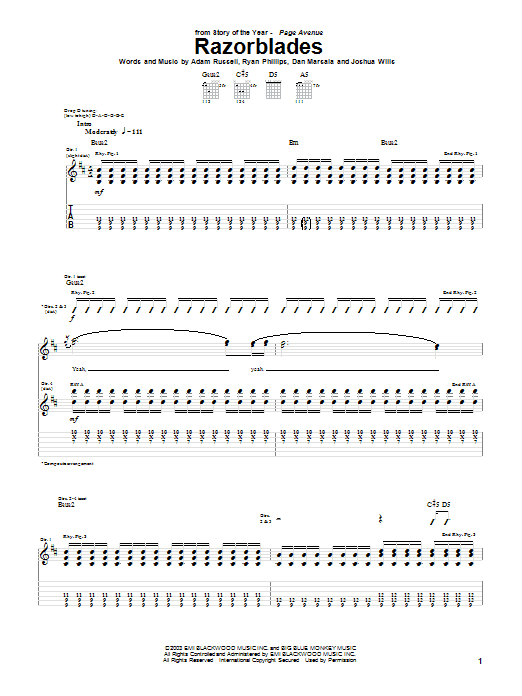 Story Of The Year Razorblades Sheet Music Notes & Chords for Guitar Tab - Download or Print PDF