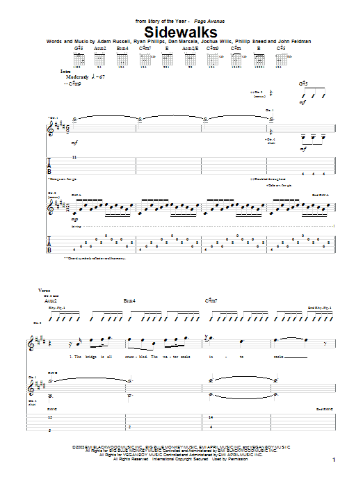 Story Of The Year Sidewalks Sheet Music Notes & Chords for Guitar Tab - Download or Print PDF