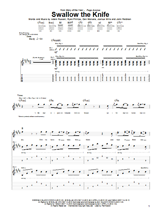 Story Of The Year Swallow The Knife Sheet Music Notes & Chords for Guitar Tab - Download or Print PDF