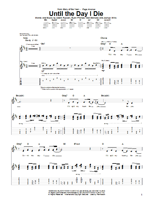 Story Of The Year Until The Day I Die Sheet Music Notes & Chords for Guitar Lead Sheet - Download or Print PDF
