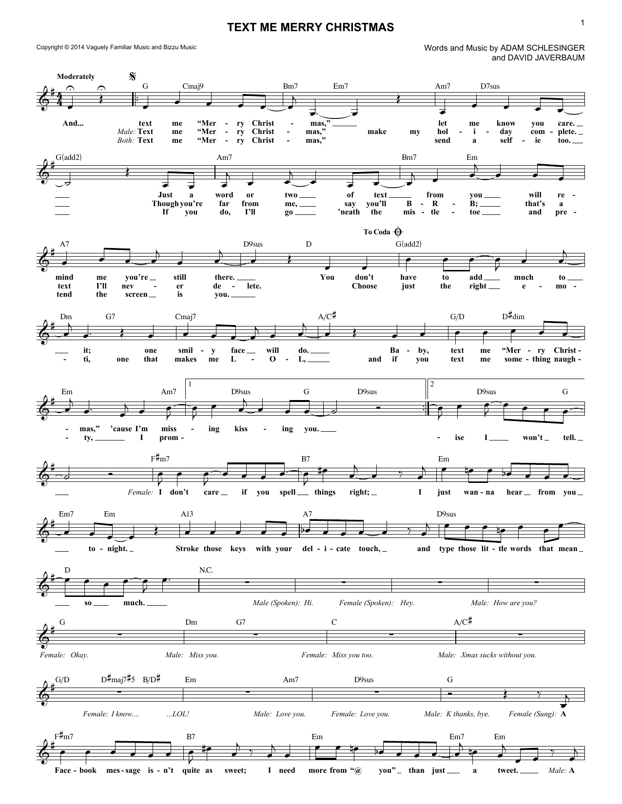 Adam Schlesinger Text Me Merry Christmas Sheet Music Notes & Chords for Melody Line, Lyrics & Chords - Download or Print PDF