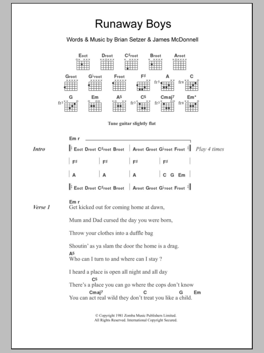 Stray Cats Runaway Boys Sheet Music Notes & Chords for Lyrics & Chords - Download or Print PDF