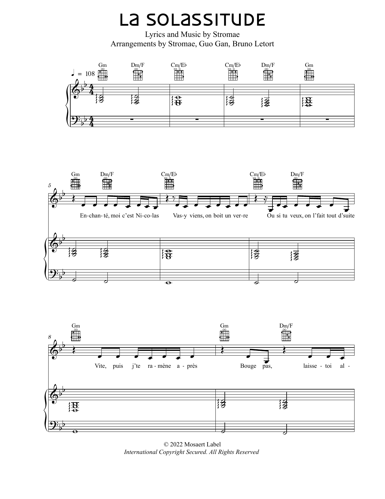 Stromae La Solassitude Sheet Music Notes & Chords for Piano, Vocal & Guitar Chords - Download or Print PDF