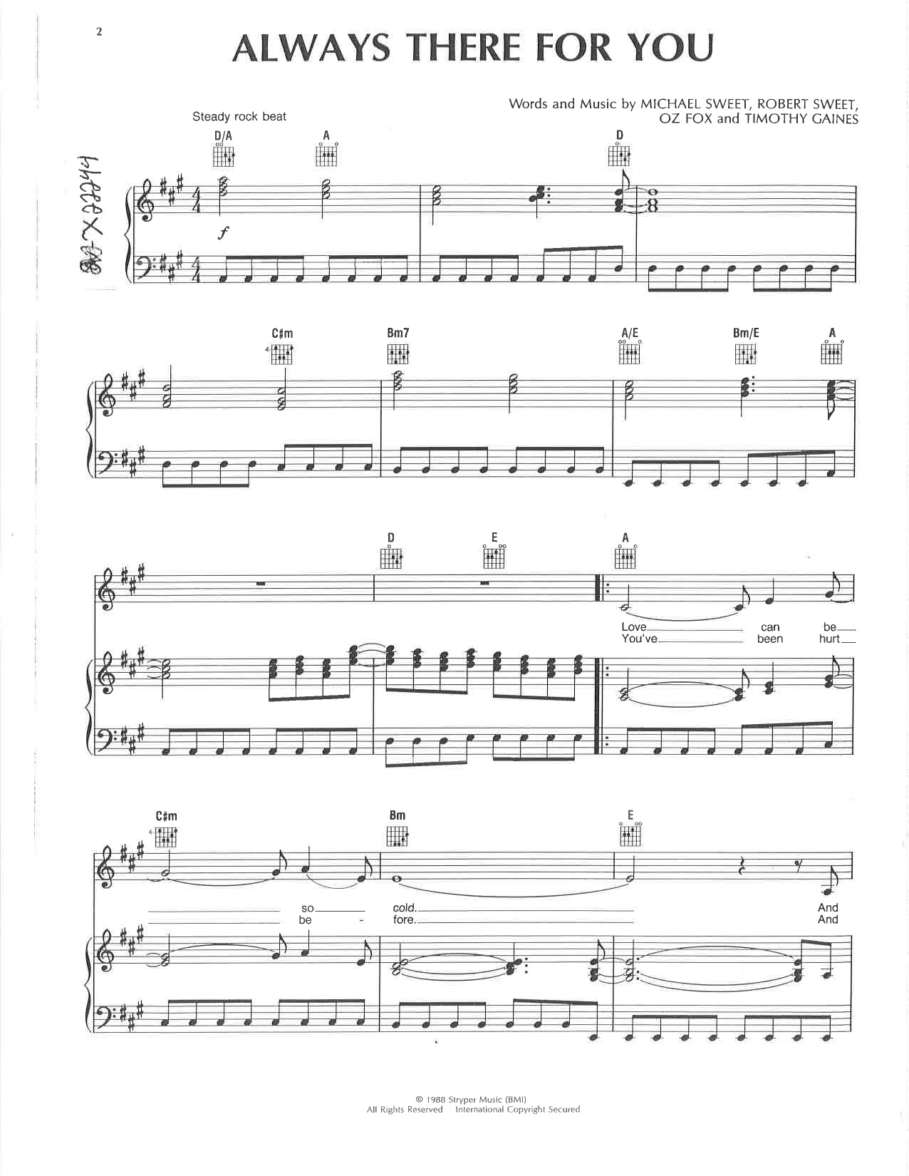 Stryper Always There For You Sheet Music Notes & Chords for Piano, Vocal & Guitar Chords (Right-Hand Melody) - Download or Print PDF Stryper Always There For You Sheet Music Notes & Chords for Piano, Vocal & Guitar Chords (Right-Hand Melody) - Download or Print PDF