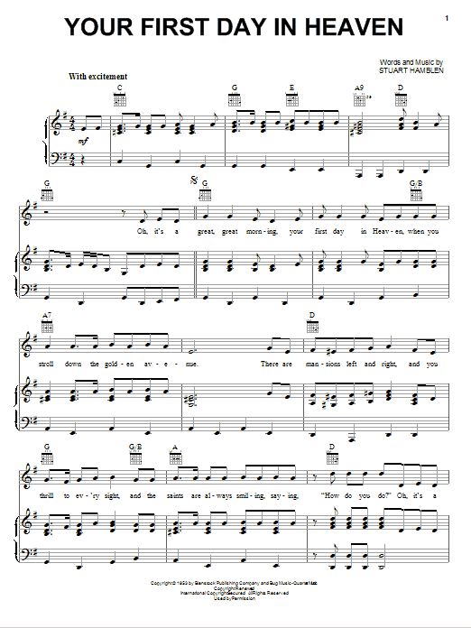 Stuart Hamblen Your First Day In Heaven Sheet Music Notes & Chords for Piano, Vocal & Guitar (Right-Hand Melody) - Download or Print PDF