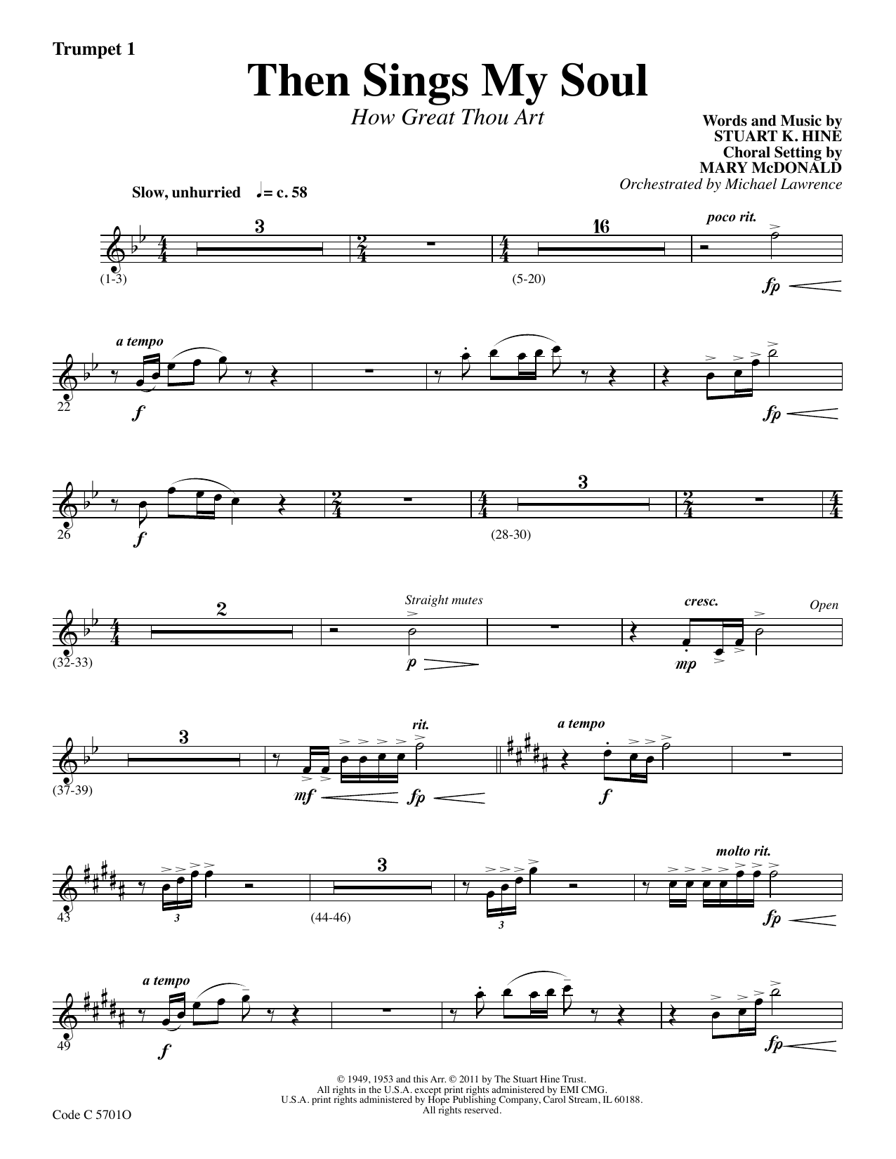 Stuart K. Hine Then Sings My Soul (How Great Thou Art) - Bb Trumpet 1 Sheet Music Notes & Chords for Choir Instrumental Pak - Download or Print PDF