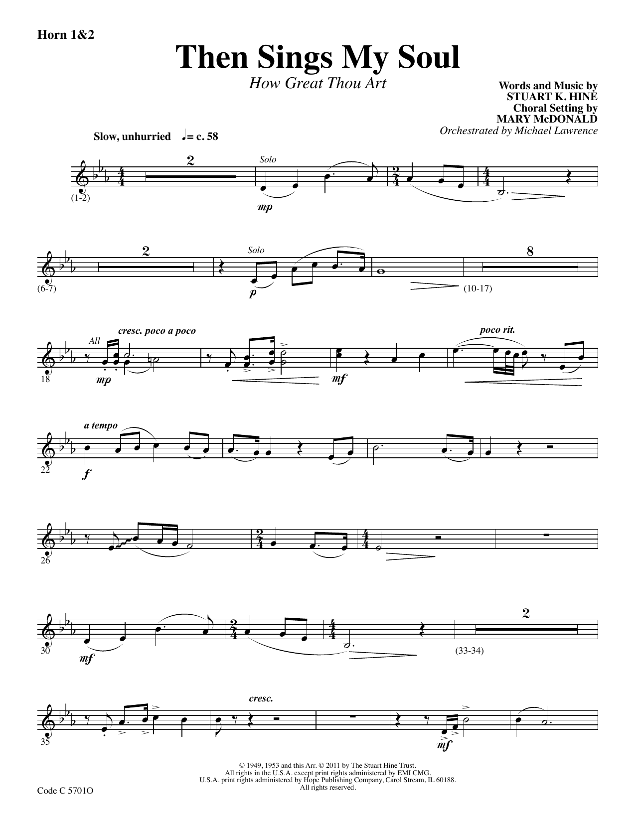 Stuart K. Hine Then Sings My Soul (How Great Thou Art) - F Horn 1,2 Sheet Music Notes & Chords for Choir Instrumental Pak - Download or Print PDF